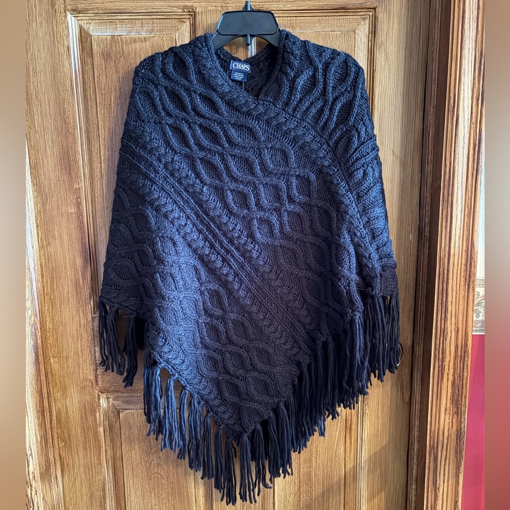 NWT  Chaps Black Cable Knit Women's Fringe Poncho